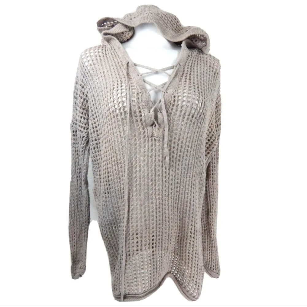 James Perse Beige Open Knit Sheer Hooded Top